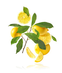 creative image with fresh lemons falling in the air, zero gravity food conception