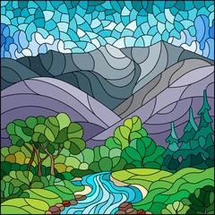 Foto op Plexiglas Illustration in the style of a stained glass window with an autumn landscape, a stream, trees and bushes against the background of mountains and the sky © Zagory