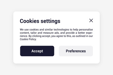 Cookies settings popup template. Isolated cookie preferences card on white background. Editable UI element. Allow or accept all cookies pop-ups. Web interface vector design illustration. - obrazy, fototapety, plakaty