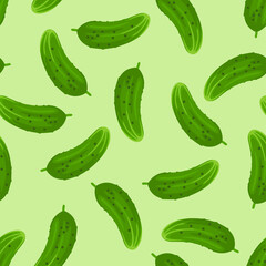 Cartoon cucumbers seamless pattern. Vector flat illustration of green fresh vegetables. Food background. 