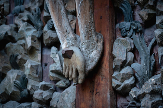 Conceptual image: Wounds of Jesus Christ.. Fragment of antique statue. Close up.  Horizontal image.