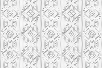 Volumetric convex white background. 3d embossed geometric pattern with intertwining lines and shapes. Ethnic minimalistic elements. Modern graceful ornament for wallpaper, textiles.