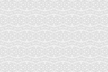 Fototapeta na wymiar Volumetric convex white background. 3d embossed geometric pattern with intertwining lines and shapes. Ethnic minimalistic elements. Trendy mosaic ornament for wallpaper, textiles. 