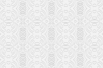 Volumetric convex white background. 3d embossed geometric unique stylish pattern with thin lines and abstract shapes. Ethnic minimalist elements for design and decor.