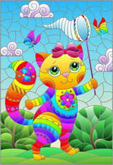 Illustration in the stained glass style with a cute cartoon cat with a butterfly net on the background of a summer landscape, rectangular image