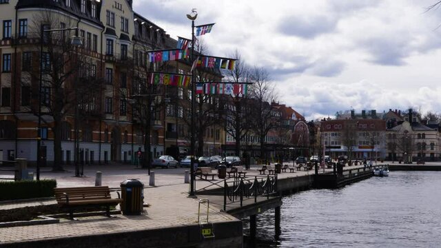 Daytime Scene At The Seaside Promenade In Vastervik, Kalmar County, Sweden. wide shot