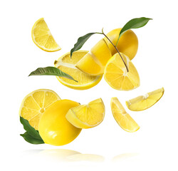 creative image with fresh lemons falling in the air, zero gravity food conception
