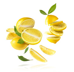 creative image with fresh lemons falling in the air, zero gravity food conception