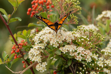 mariposa monarca en un arbusto con flores blancas 