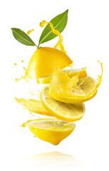 creative image with fresh lemons falling in the air, zero gravity food conception