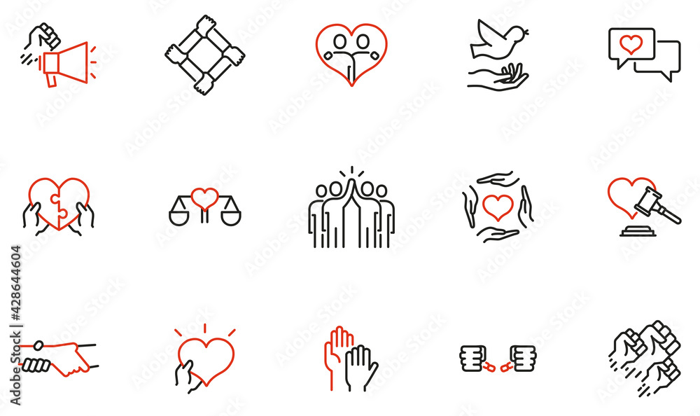 Poster vector set of linear icons related to harmony to relationships, human rights, interaction, joint dev
