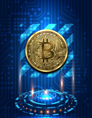 Bitcoin, btc sign icon, technology banner with cryptocurrency symbol