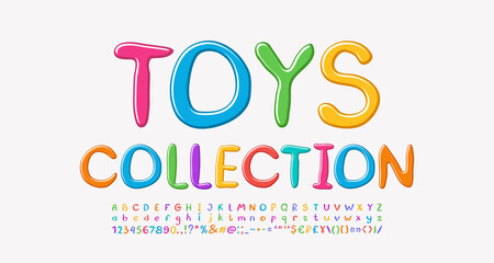 Multicolored banner for children s toys collections. Bright hand drawn font set, uppercase and lowercase letters, numbers, symbols