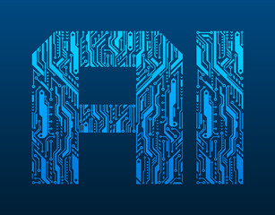 Cyber letters of artificial intelligence. Logo AI made in circuit style
