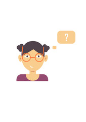 icon for the chat bot of a dark-skinned girl with glasses and a purple jumper. Asks. Question mark. Question. Isolated. Vector illustration.