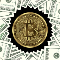 Bitcoin (BTC) currency against dollar banknotes. Digital and physical currencies
