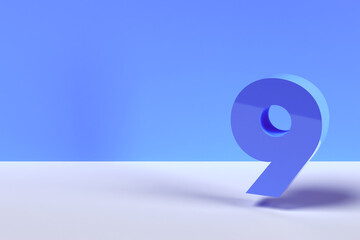 9 - chiffre neuf en 3D - scène minimaliste blanche et bleue avec espace libre - arrière-plan moderne