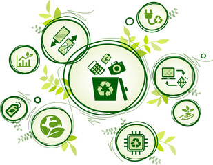 Electronic waste recycling vector illustration. Concept with connected icons related to e-waste, responsible disposal of old electronics, phones and equipment, recyclable resources in electrical scrap