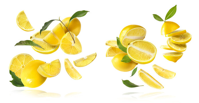 creative image with fresh lemons falling in the air, zero gravity food conception