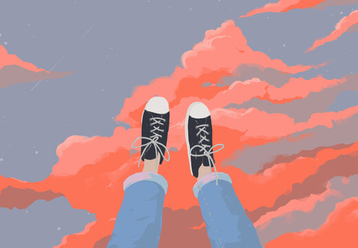 Teenage legs raised up and pointing to the sky in casual outfit jeans and classic black sneaker, life is freedom / easy sunday vibe concept illustration, flat digital paint dry brush style