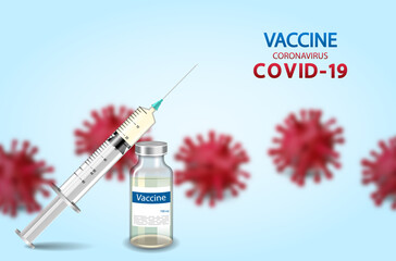 Medical Banner for Coronavirus Vaccine. Covid-19 Vaccination with Ampule and Syringe