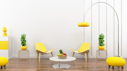 Bright Yellow and cozy modern living room interior has furniture and lamp with the white wall as a background.