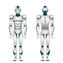 Futuristic robot man, humanoid full body on white background