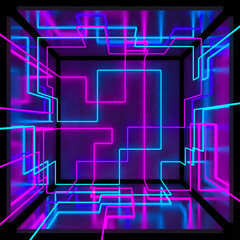 Abstract Futuristic Technology concept. Neon Cube Tunnel modern background. Fluorescent ultraviolet glowing light lines. 3d illustration