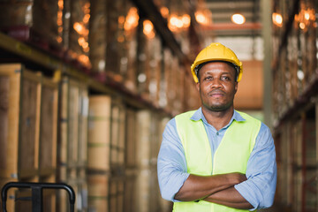 Portrait Young African American man worker stand near shelf box in warehouse factory store to check stock and product which smile and felling happy, logistic and transportation concept