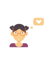 Technical support icon for a dark-skinned girl with glasses and a purple jumper. chat bot. Heart in a frame. Like. Love. Isolated. Vector illustration.