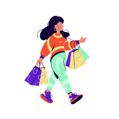 Brunette woman with shopping bags walking isolated on white