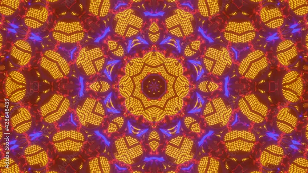 Poster violet orange animated abstract kaleidoscope patterns on black background. looped background. 3d ren