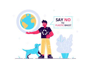 Man with dog holding Earth and words Say No To Plastic Bags