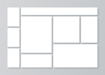Photo collage template. Vector. Mood board. Picture grid. Moodboard background. Mosaic frame banner. Photography album layout. Branding presentation. Horizontal design of mockup. Simple illustration.