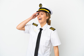 Airplane blonde woman pilot isolated on white background smiling a lot