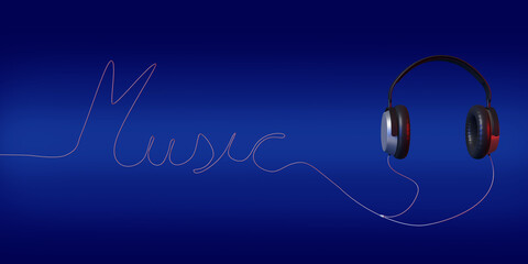 Headphones forming the word "music" with their cord on blue background. 3d illustration.