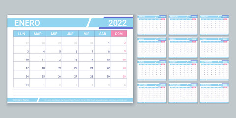 Spanish calendar for 2022 year. Planner template. Vector. Week starts Monday. Table schedule grid. Calender layout with 12 month. Yearly organizer. Horizontal monthly diary. Simple illustration