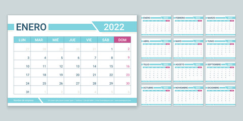 Spanish 2022 year Calendar. Week starts Monday. Planner template. Vector. Table schedule grid. Yearly calender layout. Stationery organizer with 12 month. Horizontal monthly diary. Simple illustration