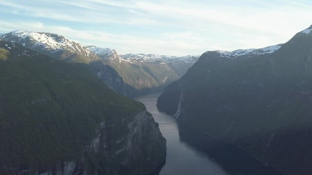 Aerial view of fjord in Geiranger, Norway
