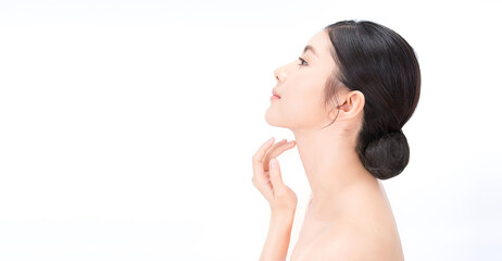 Closeup portrait of beauty asian woman with fair perfect healthy lift glow skin hand touching chin...