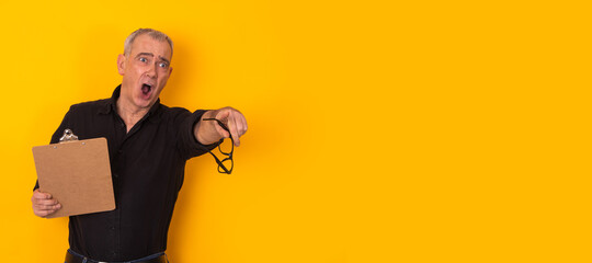 isolated businessman yelling and pointing