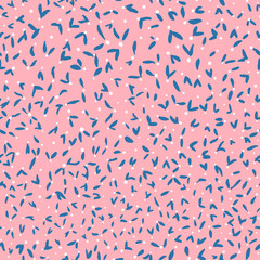 Cute dots with abstract leaves doodled vector seamless repeat pattern. Geometrical shapes all over print with pink background.