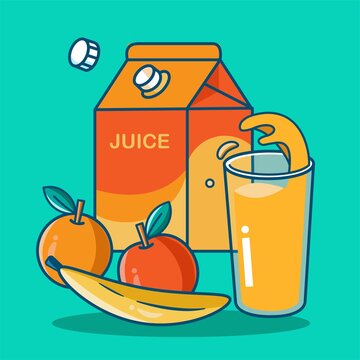 Multifruits juice isolated icons  with fruits. Orange, banana, apple juice box, glass, pack set. Cartoon style vector illustration