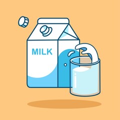 Milk Icon. Glass of milk with gable top package close up. Cow milk carton and cup isolated. Vector cartoon illustration