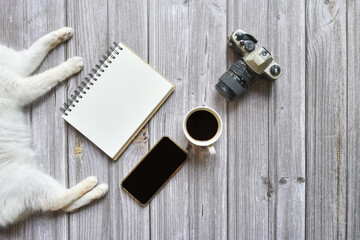 Still life, business or traveler memo concept, Top view image of open notebook with vintage camera coffee smartphone and cat disturb with blank pages on old brown wooden background