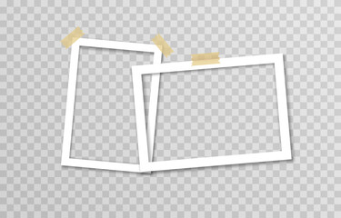 Set of vector photo frames with adhesive tape. Photo frame on isolated transparent background. Photo, PNG frame.