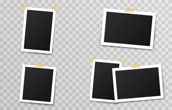 Set of vector photo frames with adhesive tape. Photo frame on isolated transparent background. Photo, PNG frame.