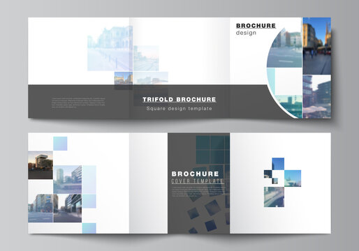 Vector layout of square format covers templates for trifold brochure, flyer, magazine, cover design, book design, brochure cover. Abstract design project in geometric style with blue squares.