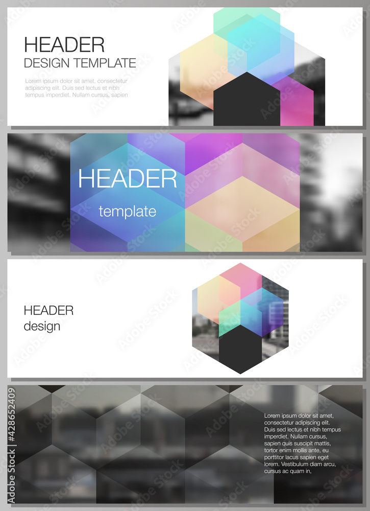 Poster vector layout of headers, banner design templates with colorful hexagons, geometric shapes, tech bac