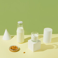 Glass with vegan milk from almond nuts with a bottle and white geometric figures on sunlit background. Dairy and lactose free substitute drink. Healthy food ingredient concept. Trendy colors.